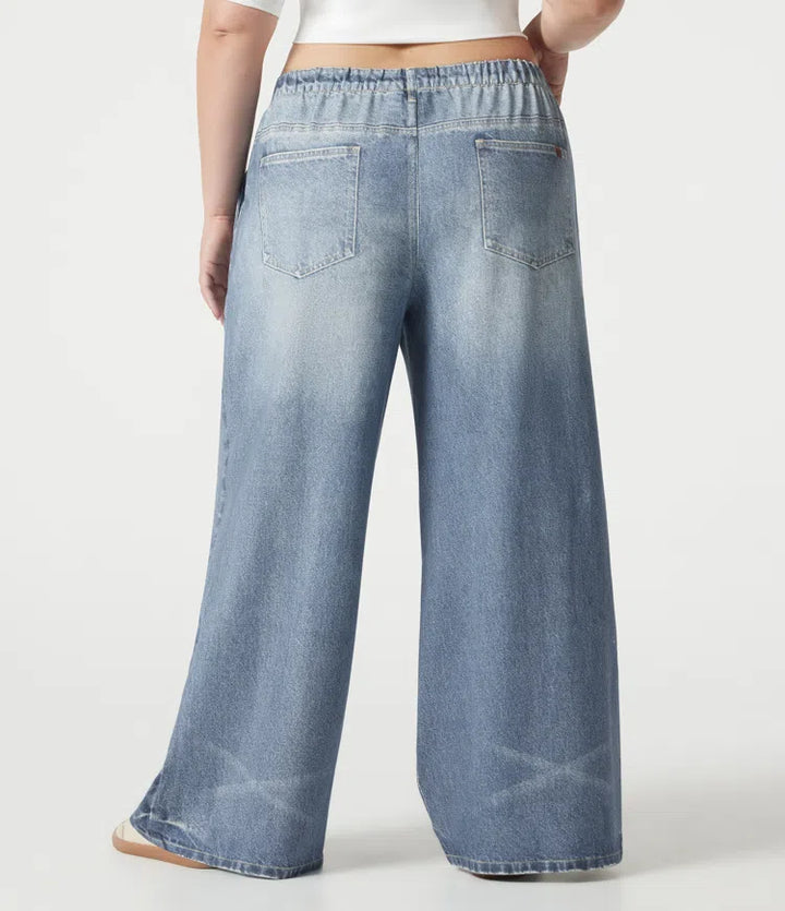 Plus Size Mid Rise Denim Print French Terry Casual Sweatpants Jeans with Pockets