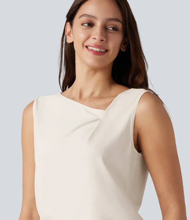 Asymmetric Cowl Neck Sleeveless Ruched Split Hem Work Top