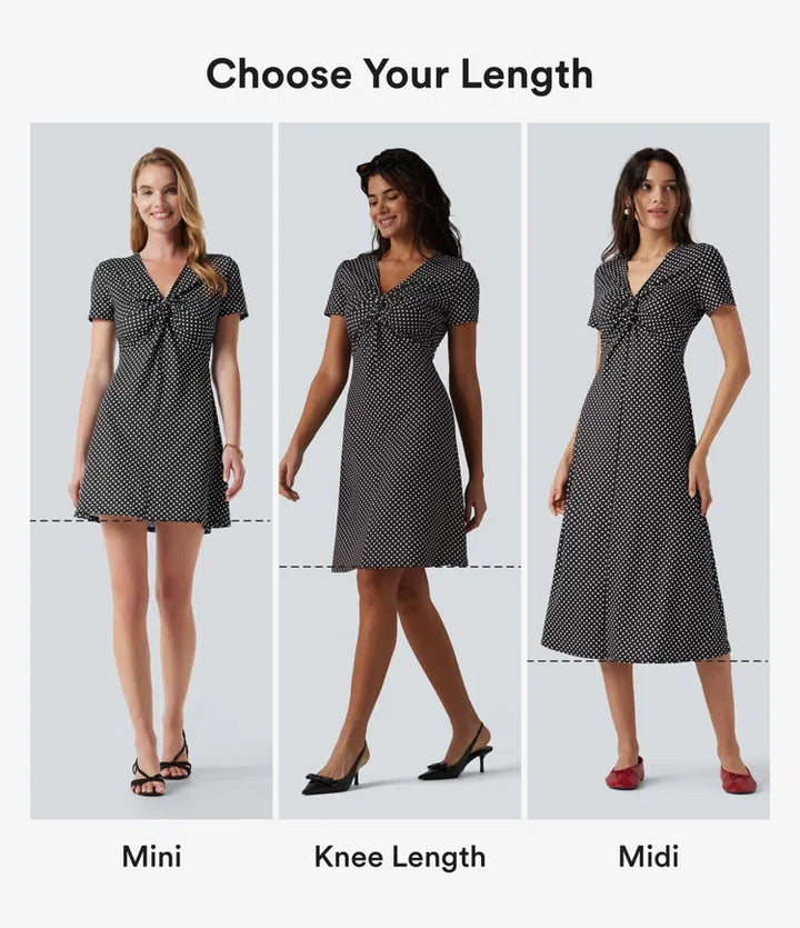 V Neck Short Sleeve Polka Dot Knee Length Casual Dress
