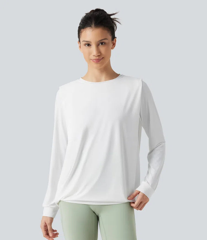 Round Neck Long Sleeve Ruched InstantCool Yoga Sports Top-Longer Length-UPF50+