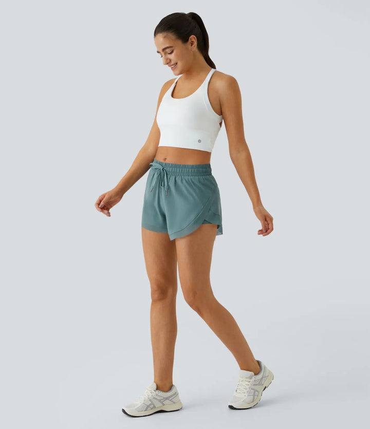 Mid Rise Drawstring Contrast Mesh 2-in-1 Flowy Running Shorts 3&