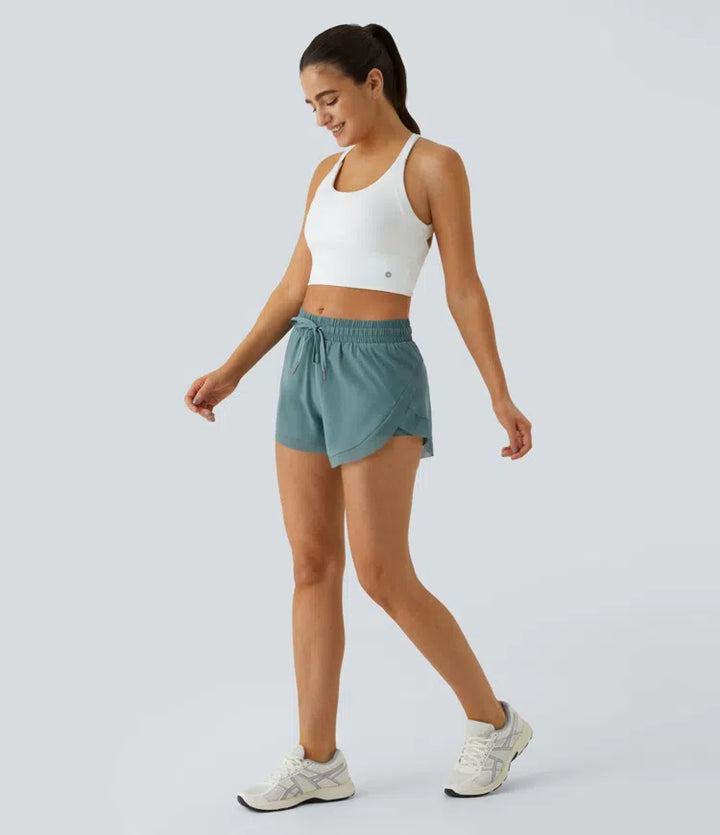 Mid Rise Drawstring Contrast Mesh 2-in-1 Flowy Running Shorts 3&
