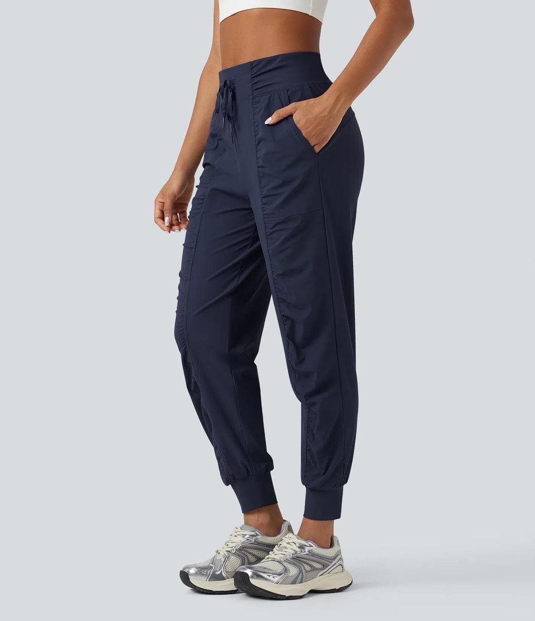 High Waisted Drawstring Ruched Tapered Quick Dry Cool Touch Dance Joggers with Pockets-UPF40+