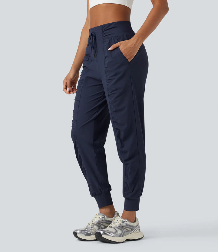 High Waisted Drawstring Ruched Tapered Quick Dry Cool Touch Dance Joggers with Pockets-UPF40+