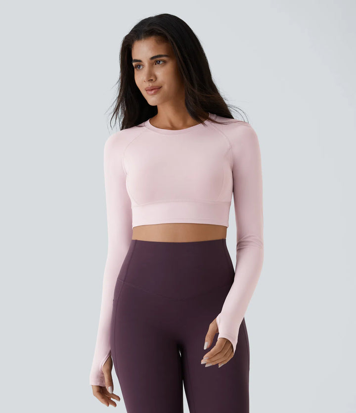 Solid Thumb Hole Cropped Yoga Sports Top