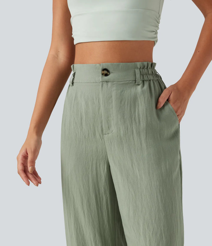 High Waisted Wide Leg Casual Linen-Blend Pants with Pockets