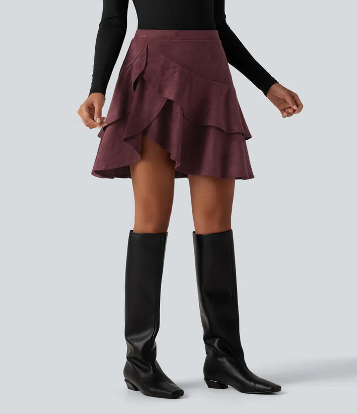 High Waisted Tiered Ruffle Hem 2-in-1 Longer Mini Suede Casual Skirt with Pocket