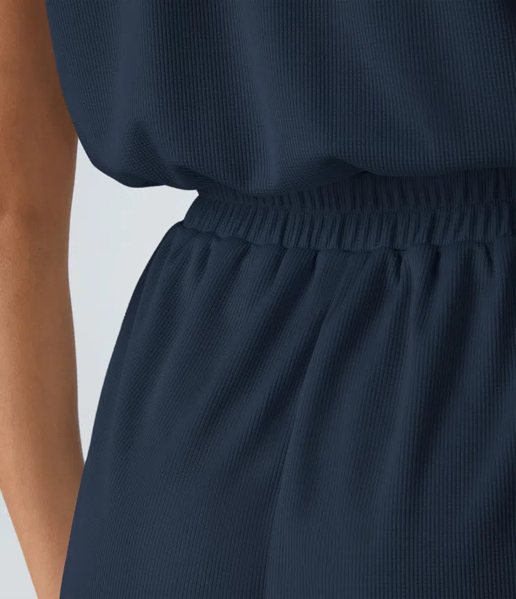 V Neck Short Sleeve Pocket Waffle Casual Romper