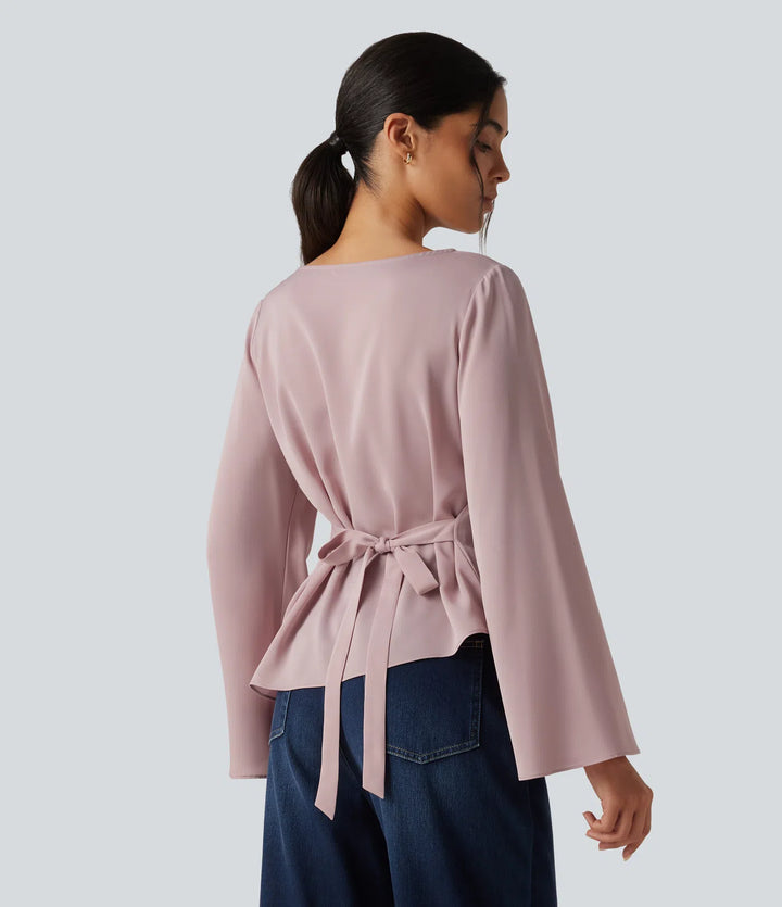 Boat Neck Flounce Long Sleeve Tie Back Asymmetric Hem Casual Blouse