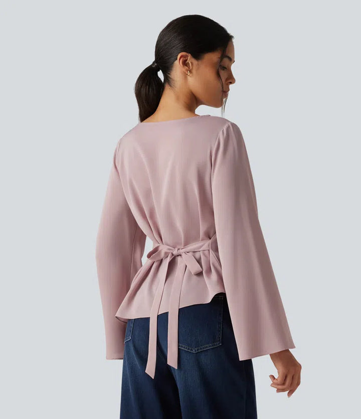Boat Neck Flounce Long Sleeve Tie Back Asymmetric Hem Casual Blouse