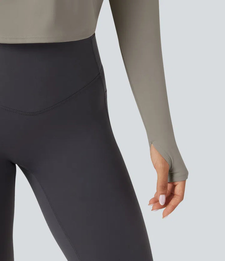 SoftlyZero QuickDry Backless Twist-back Long Sleeve Thumb Holes 2-in-1 Yoga Sports Top
