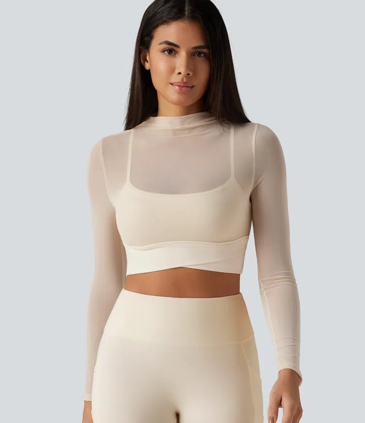 Mock Neck Long Sleeve Non-Removable Pad Mesh Cropped Yoga Sports Top