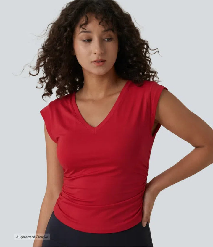 V Neck Cap Sleeve Curved Hem Ruched Casual T-Shirt