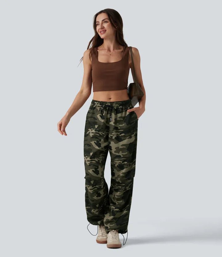 Mid Rise Drawstring Camo Casual Cargo Baggy Pants with Pockets