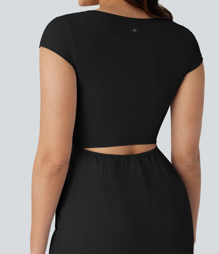 SoftlyZero Airy U Neck Cap Sleeve Pocket Cool Touch Yoga Romper-Easy Peezy
