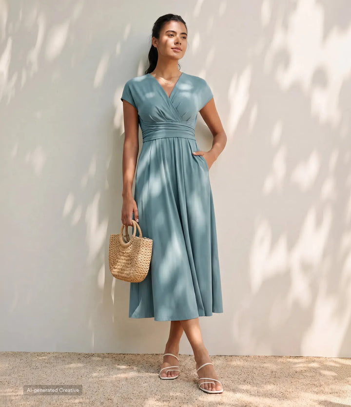 Breezeful V Neck Short Sleeve Pocket Tie Back Quick Dry Midi Casual Dress-Longer Length
