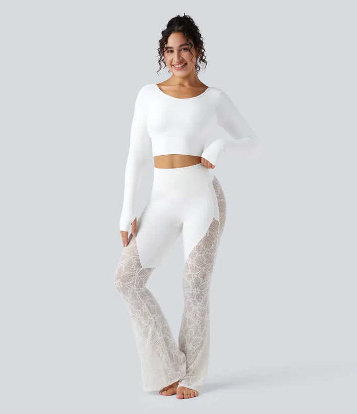 SoftlyZero Push-Up Long Sleeve Thumb Hole Contrast Lace Cropped Yoga Sports Top