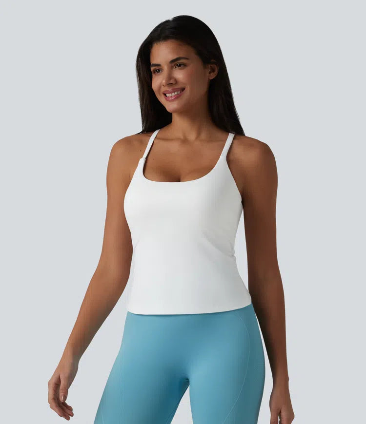 Scoop Neck Crisscross Back Crossover Hem Built-in Bra Yoga Cami Top DD-F Cups
