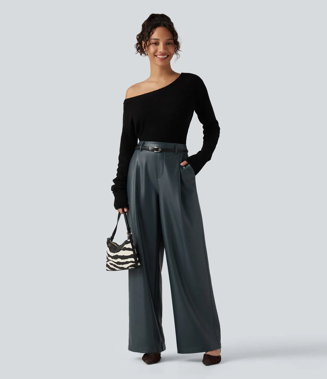 High Waisted Wide Leg Stretchy PU Fleece Casual Pants with Pockets