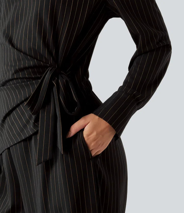 Boat Neck Long Sleeve Tie Side Cool Touch Stripe Work Jumpsuit with Pockets-Easy Peezy Edition