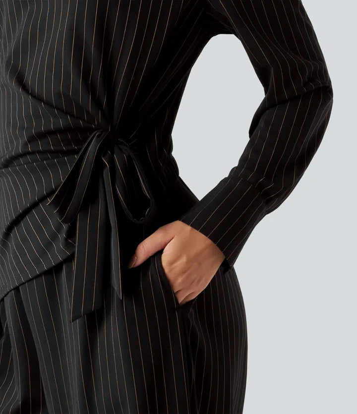 Boat Neck Long Sleeve Tie Side Cool Touch Stripe Work Jumpsuit with Pockets-Easy Peezy Edition