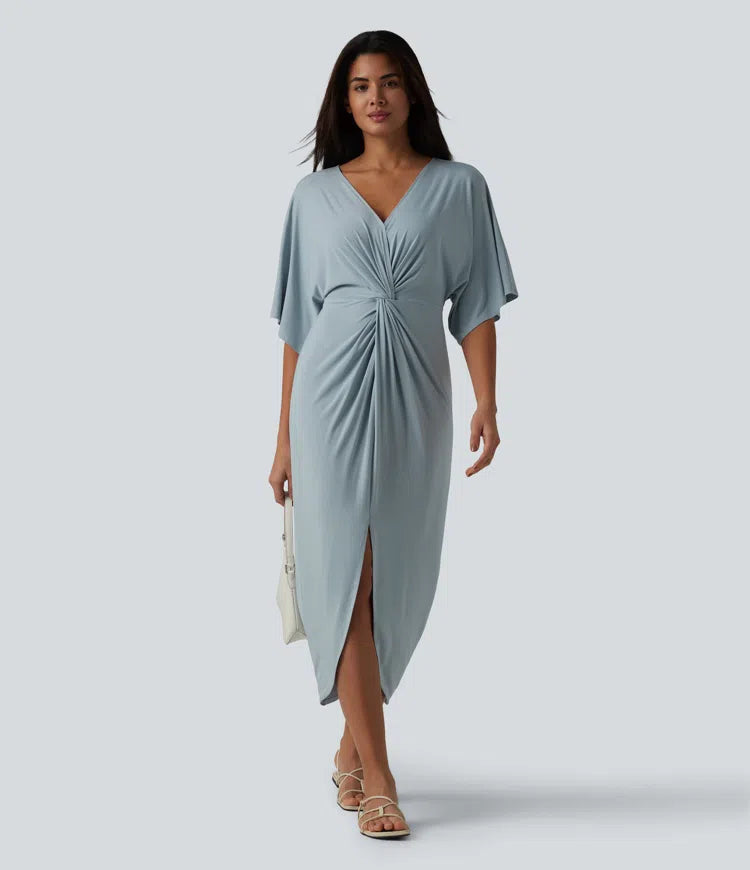 V-neck Batwing Sleeve Twisted Tulip Hem Midi Casual Dress