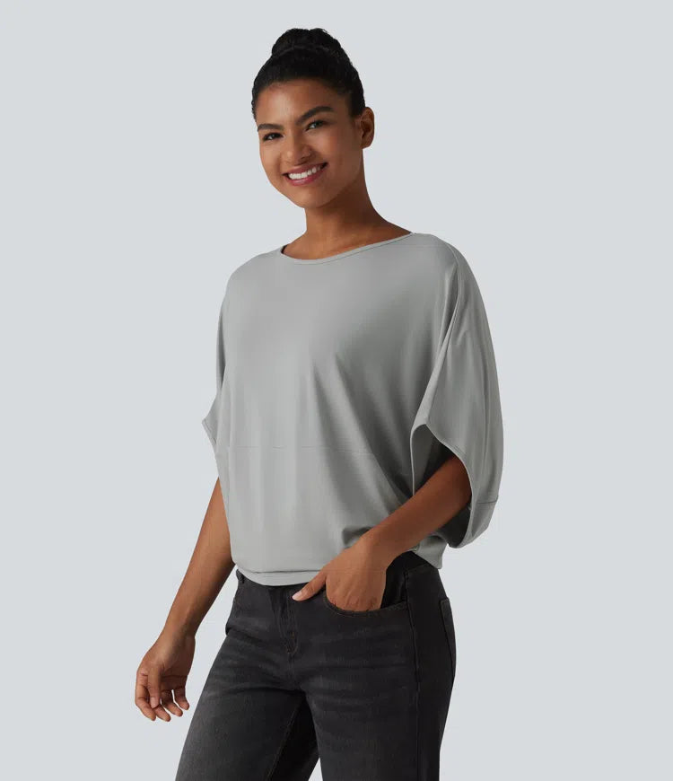 Round Neck Batwing Sleeve Relaxed Casual Top