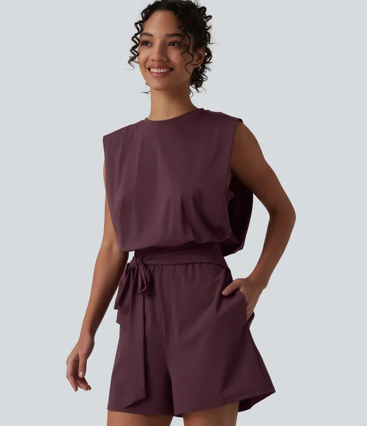 Round Neck Sleeveless Tie-front Cool Touch Casual Romper with Pockets-Easy Peezy-UPF50+