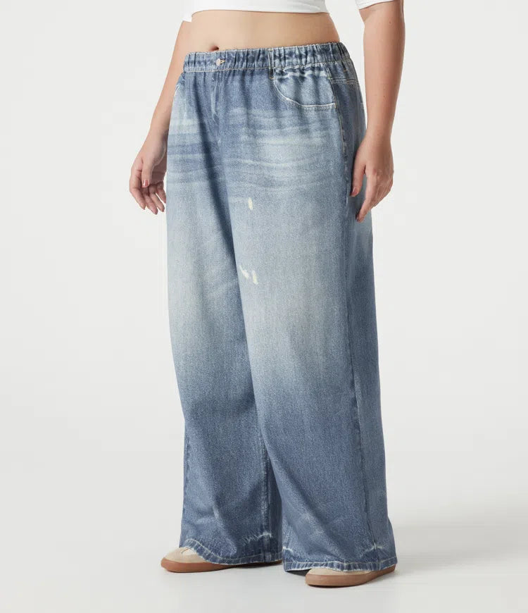 Plus Size Mid Rise Denim Print French Terry Casual Sweatpants Jeans with Pockets