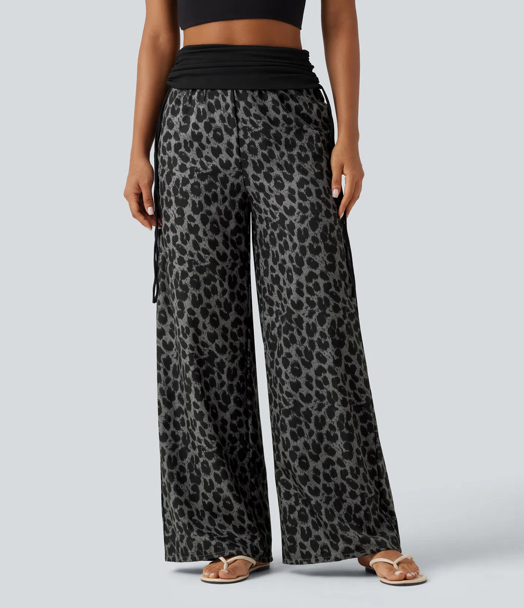 Foldover High Waisted Ruched Drawstring Baggy Leopard Print Casual Pants with Pockets