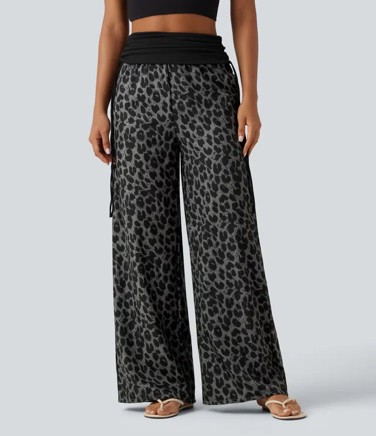 Foldover High Waisted Ruched Drawstring Baggy Leopard Print Casual Pants with Pockets