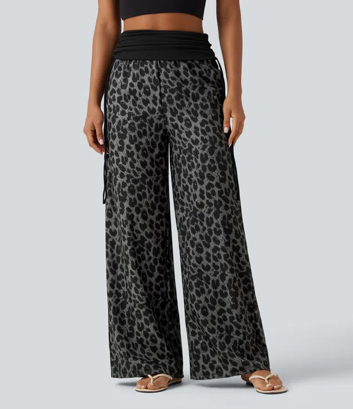 Foldover High Waisted Ruched Drawstring Baggy Leopard Print Casual Pants with Pockets