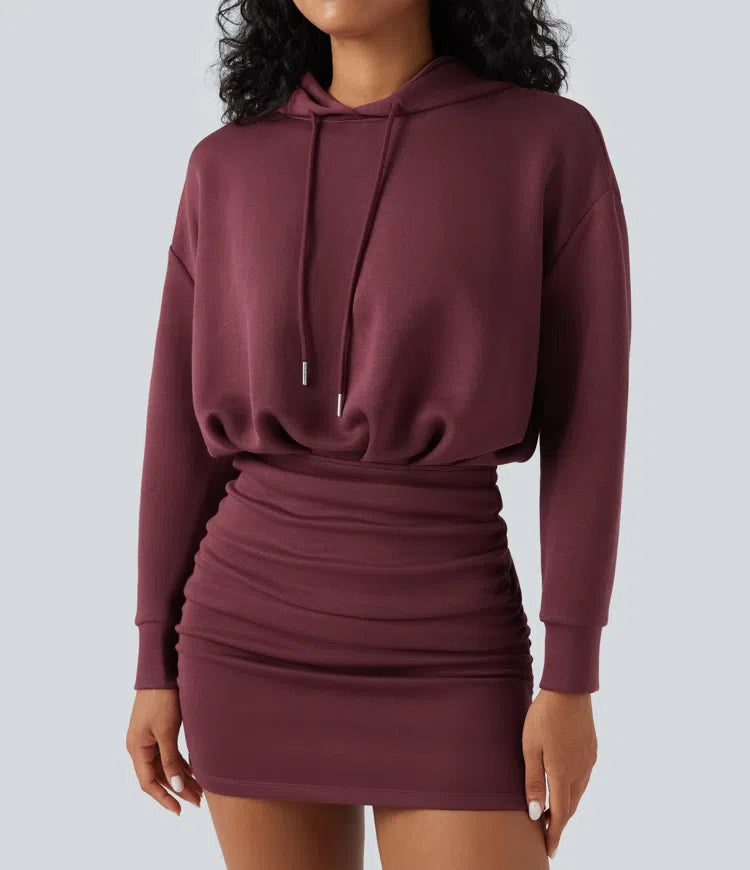 SpacerTek Long Sleeve Ruched Bodycon Mini Casual Hoodie Dress