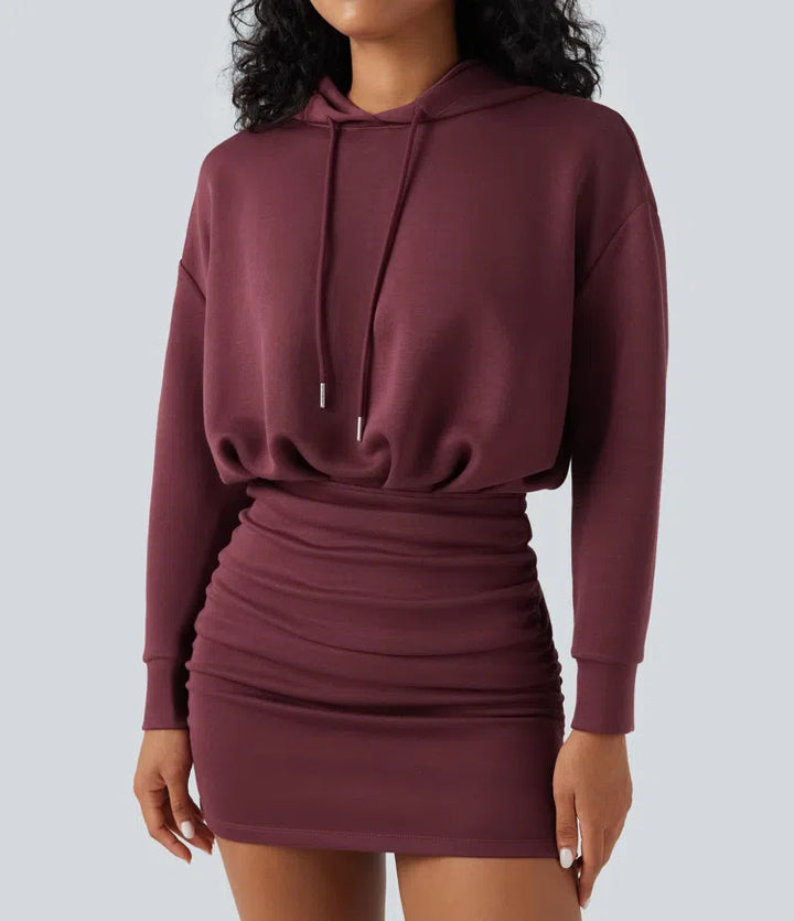 SpacerTek Long Sleeve Ruched Bodycon Mini Casual Hoodie Dress