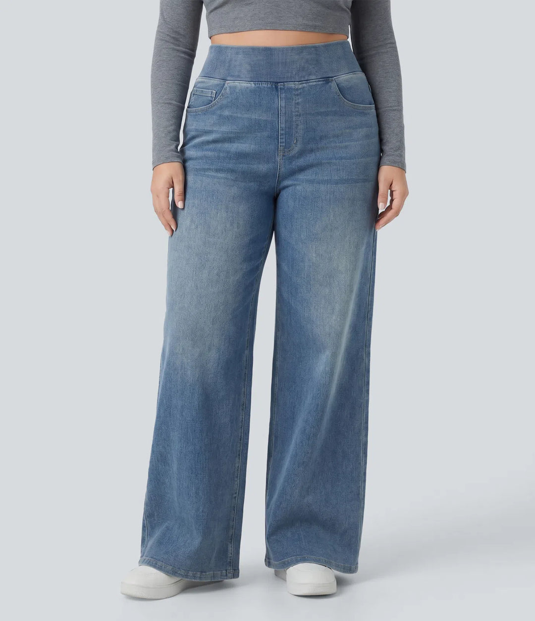 Halara Flex High Waisted Pockets Baggy Wide Leg Washed Casual Plus Size Jeans