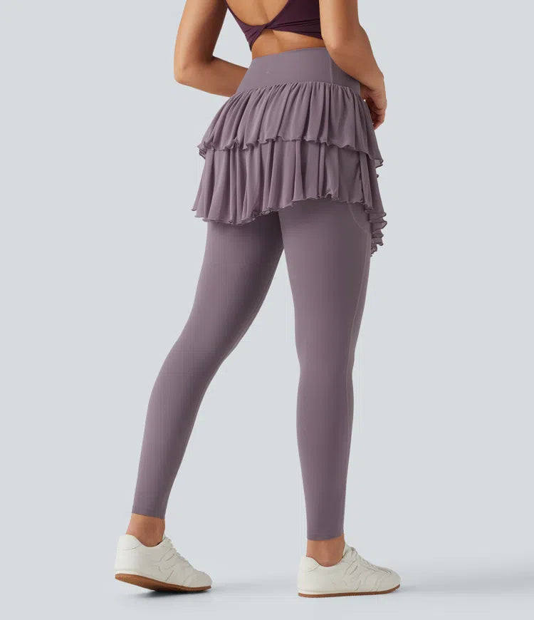 Softlyzero High Waisted Crossover Contrast Mesh Workout Skirted Leggings with Pockets