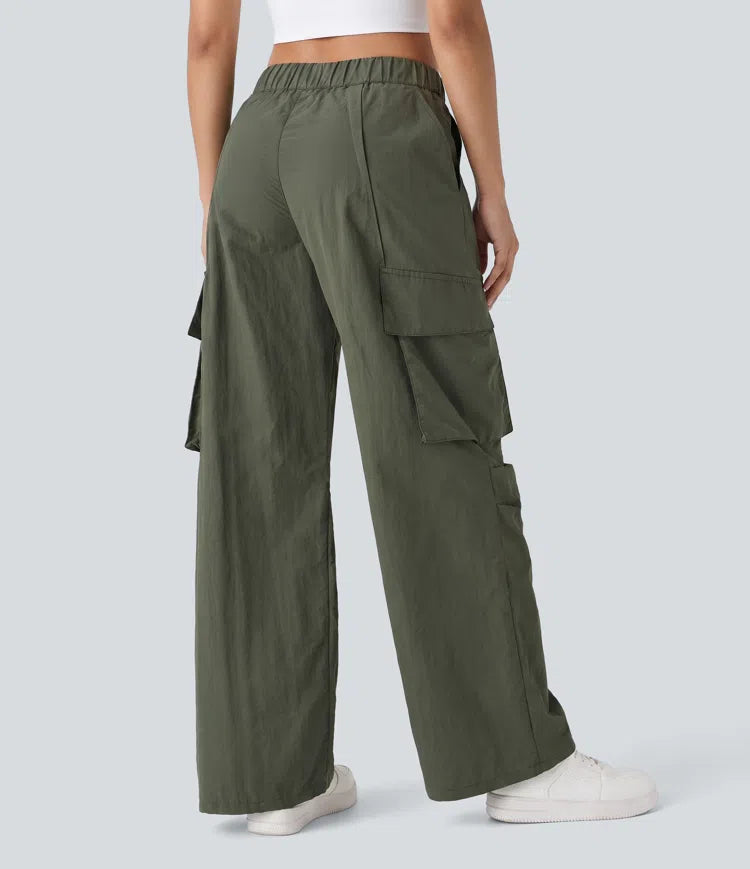 Mid Rise Button Zipper Side Pocket Wide Leg Baggy Casual Cargo Pants