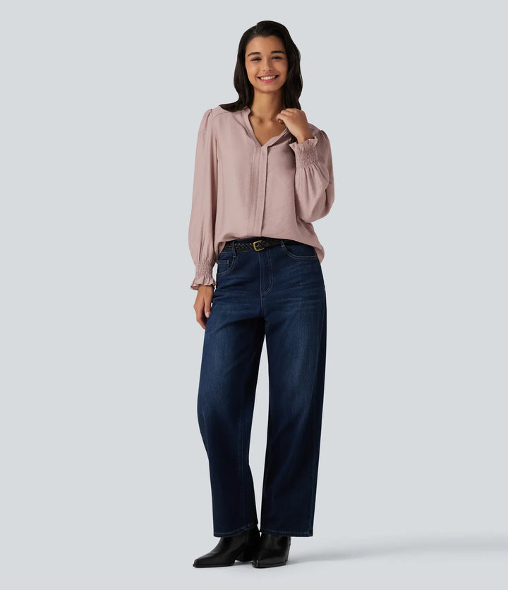 V Neck Puff Long Sleeve Casual Blouse