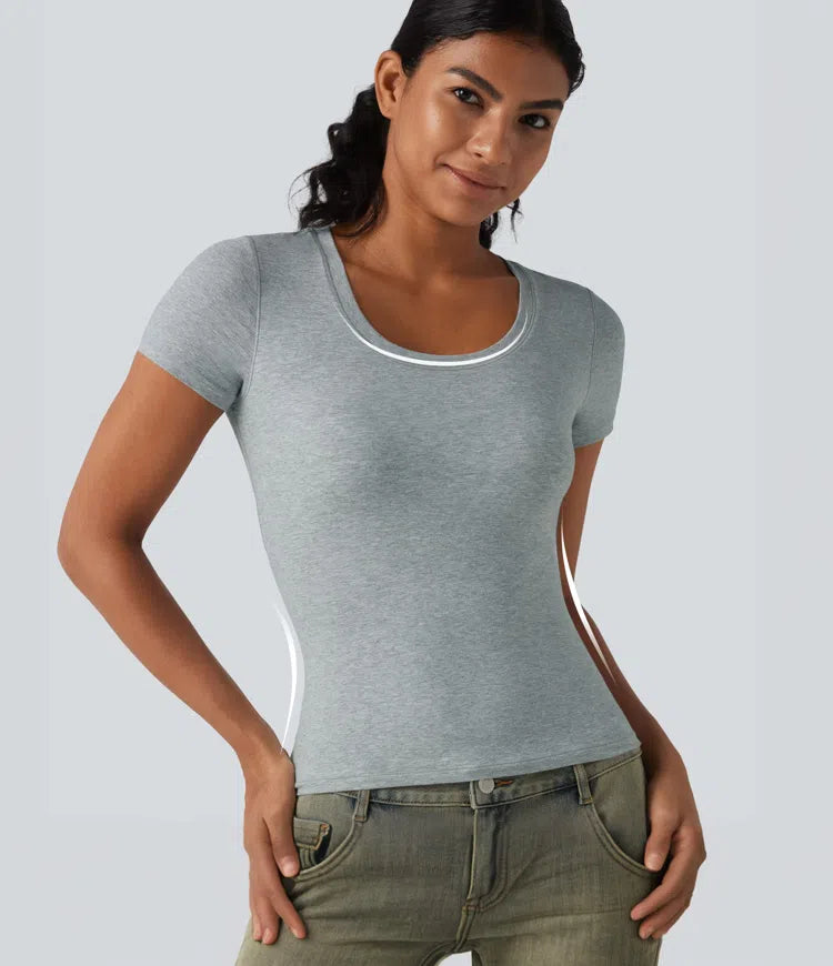 Halara Cotton Jersey Scoop Neck Short Sleeve Built-in Bra Casual T-Shirt B-DD Cups