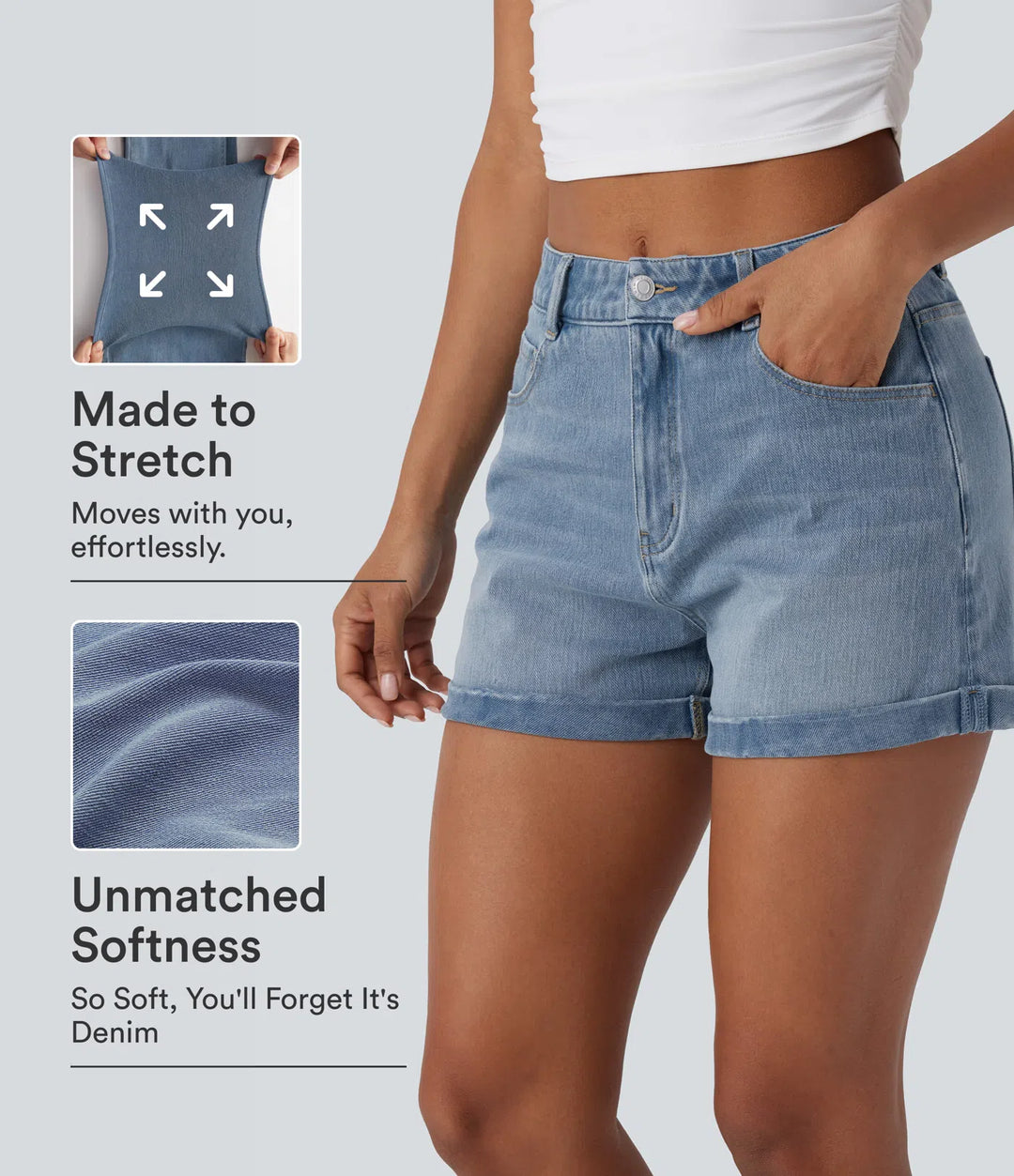 Halara Flex Mid Rise Zipper Pockets Denim Casual Shorts 3&