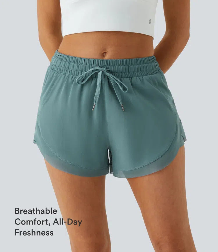 Mid Rise Drawstring Contrast Mesh 2-in-1 Flowy Running Shorts 3&