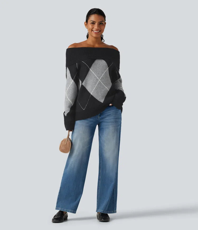 Off Shoulder Long Sleeve Gingham Casual Sweater