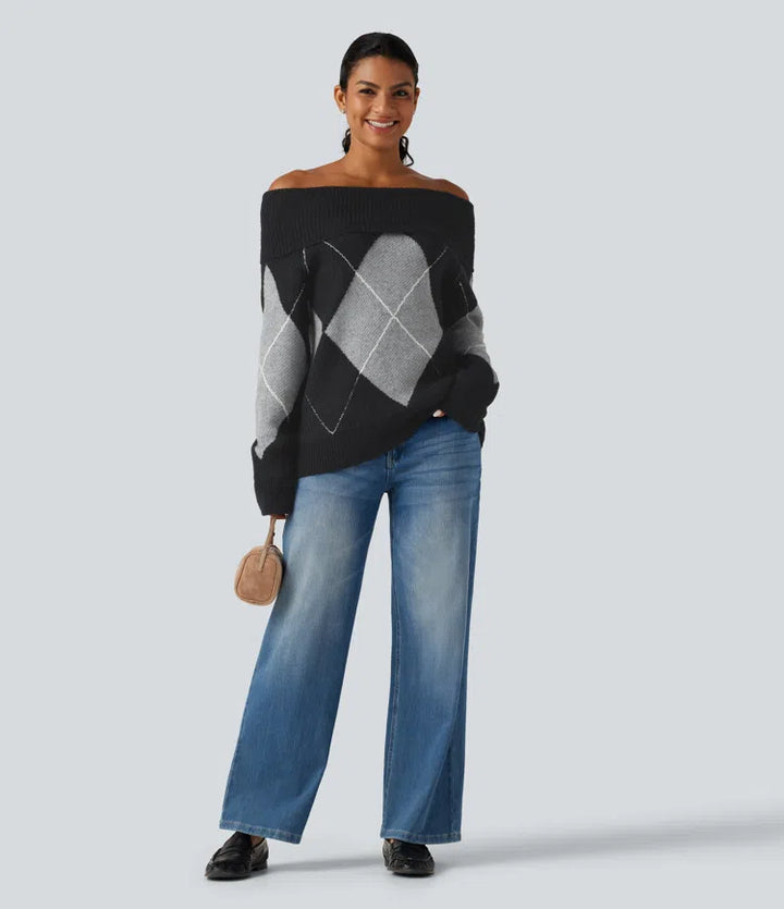 Off Shoulder Long Sleeve Gingham Casual Sweater