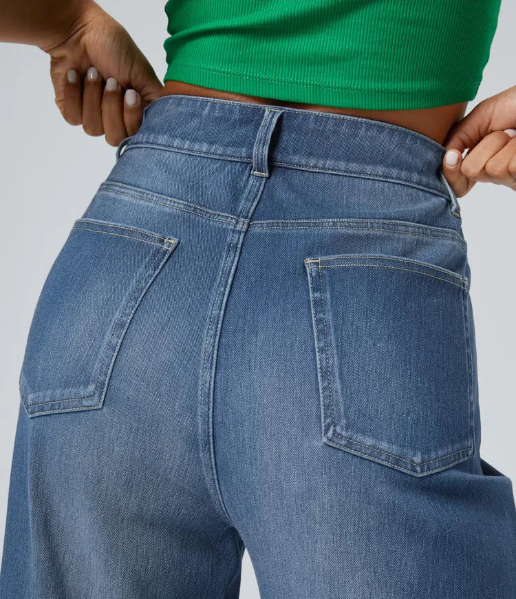 Halara Flex High Waisted Pockets Rolled Hem Wide Leg Washed Casual Jeans