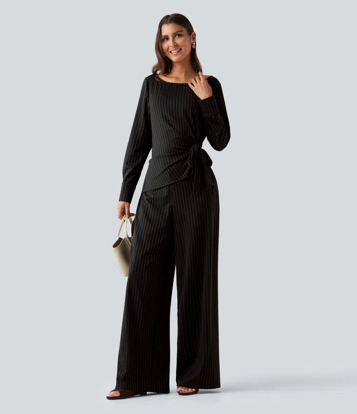 Boat Neck Long Sleeve Tie Side Cool Touch Stripe Work Jumpsuit with Pockets-Easy Peezy Edition