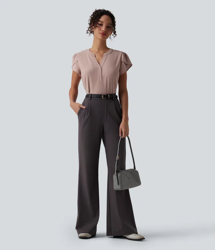 V-neck Petal Short Sleeve Work Blouse