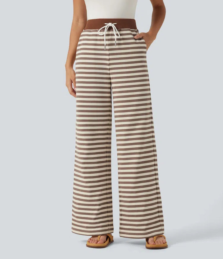 Mid Rise Drawstring Stripe Wide Leg Lounging Sweatpants with Pockets
