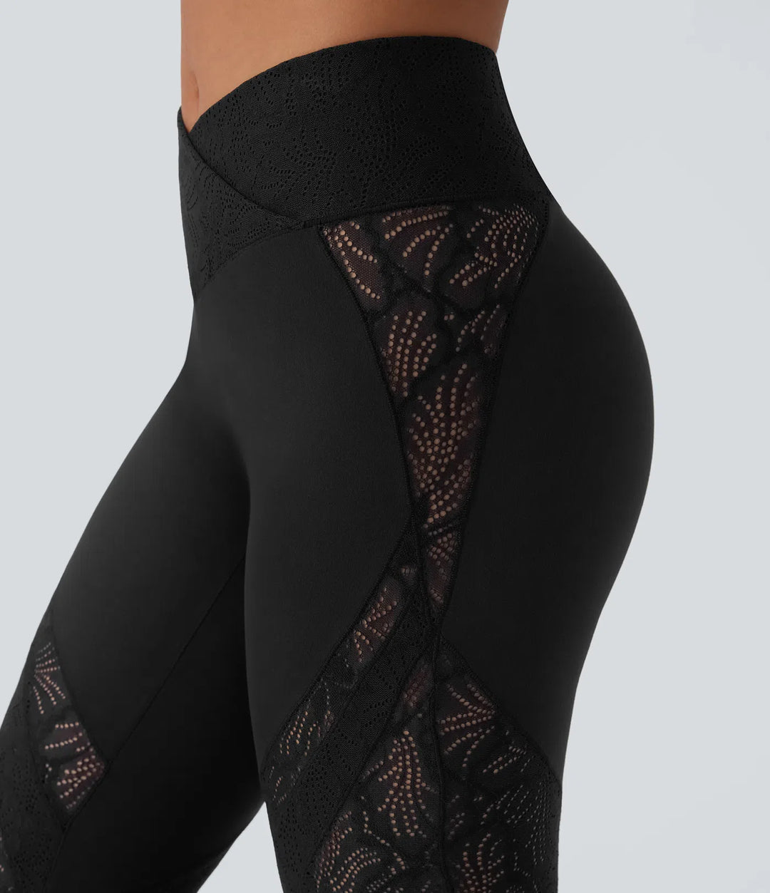 SoftlyZero High Waisted Crossover Pocket Contrast Lace Flare Yoga Leggings