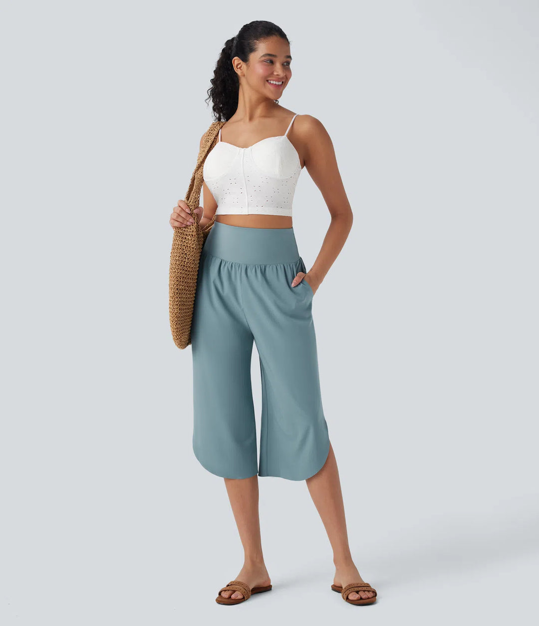 Breezeful High Waisted Tummy Control Hem Quick Dry Capri Pants with Pockets