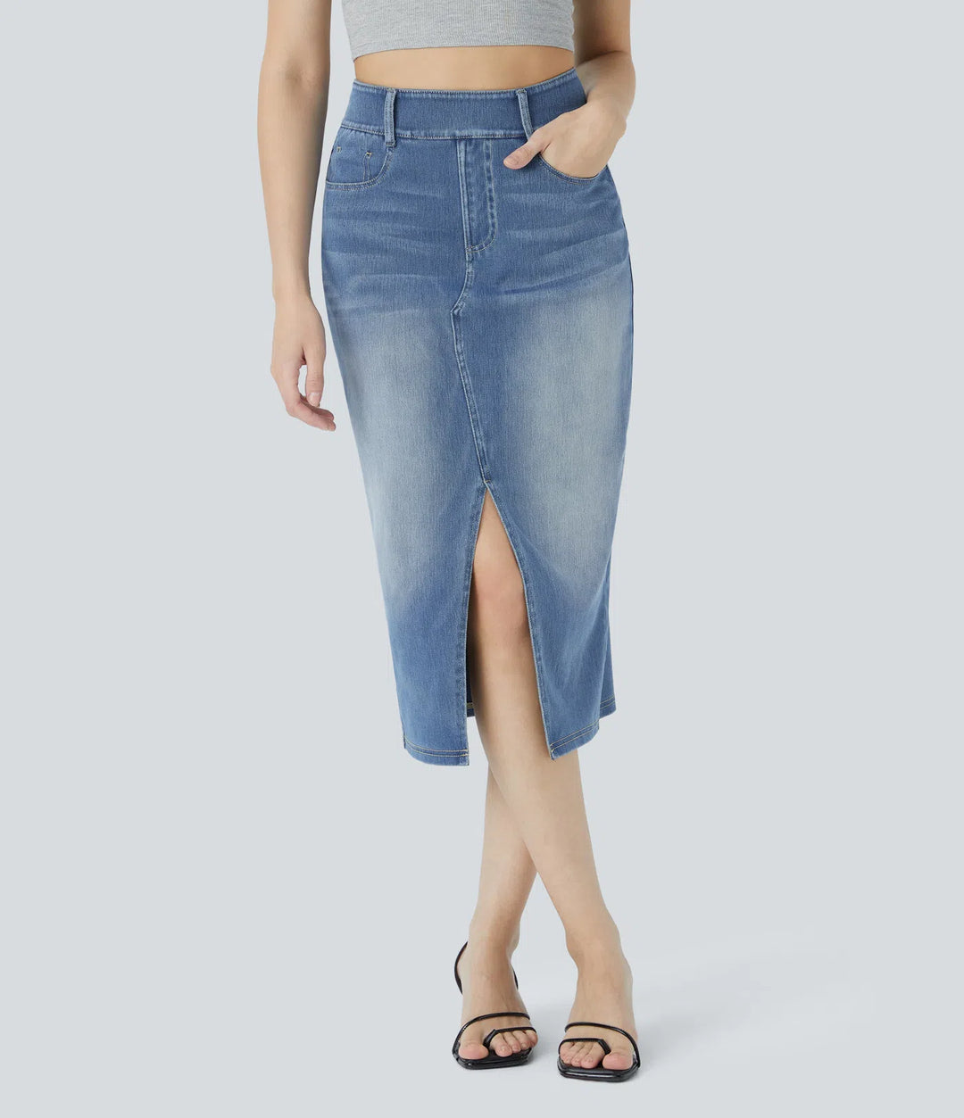 Halara Flex High Waisted Pockets Bodycon Washed Denim Casual Midi Skirt